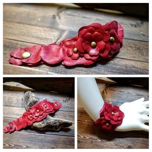 Recycled genuine leather flower cuff bracelet-RED